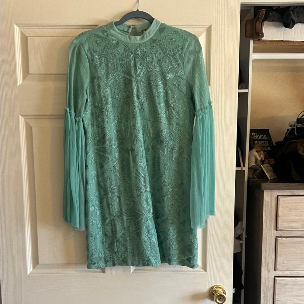 Free People Long Sleeve Lace Mini Dress in Seafoam Green